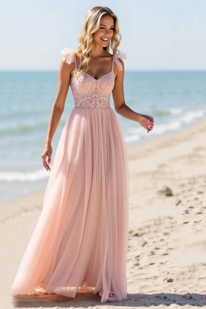 Blush A Line Spaghetti Straps Boho Maxi Bridesmaid Dress with Appliques
