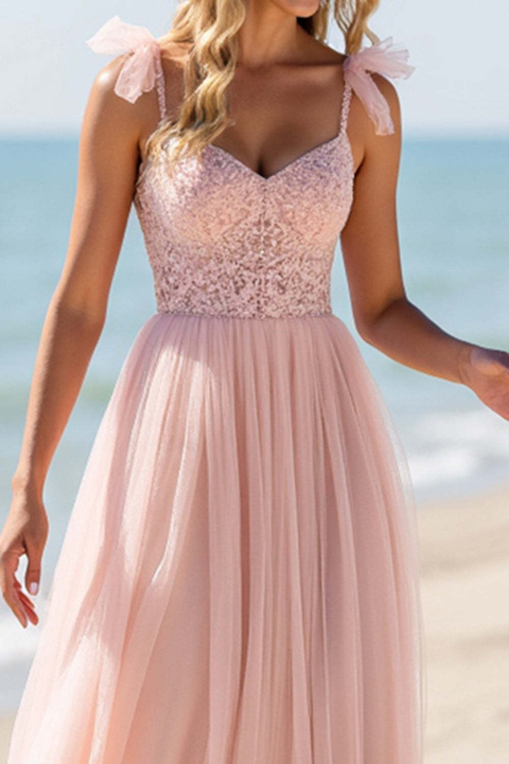 Blush A Line Spaghetti Straps Boho Maxi Bridesmaid Dress with Appliques