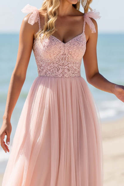 Blush A Line Spaghetti Straps Boho Maxi Bridesmaid Dress with Appliques