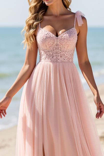 Blush A Line Spaghetti Straps Boho Maxi Bridesmaid Dress with Appliques