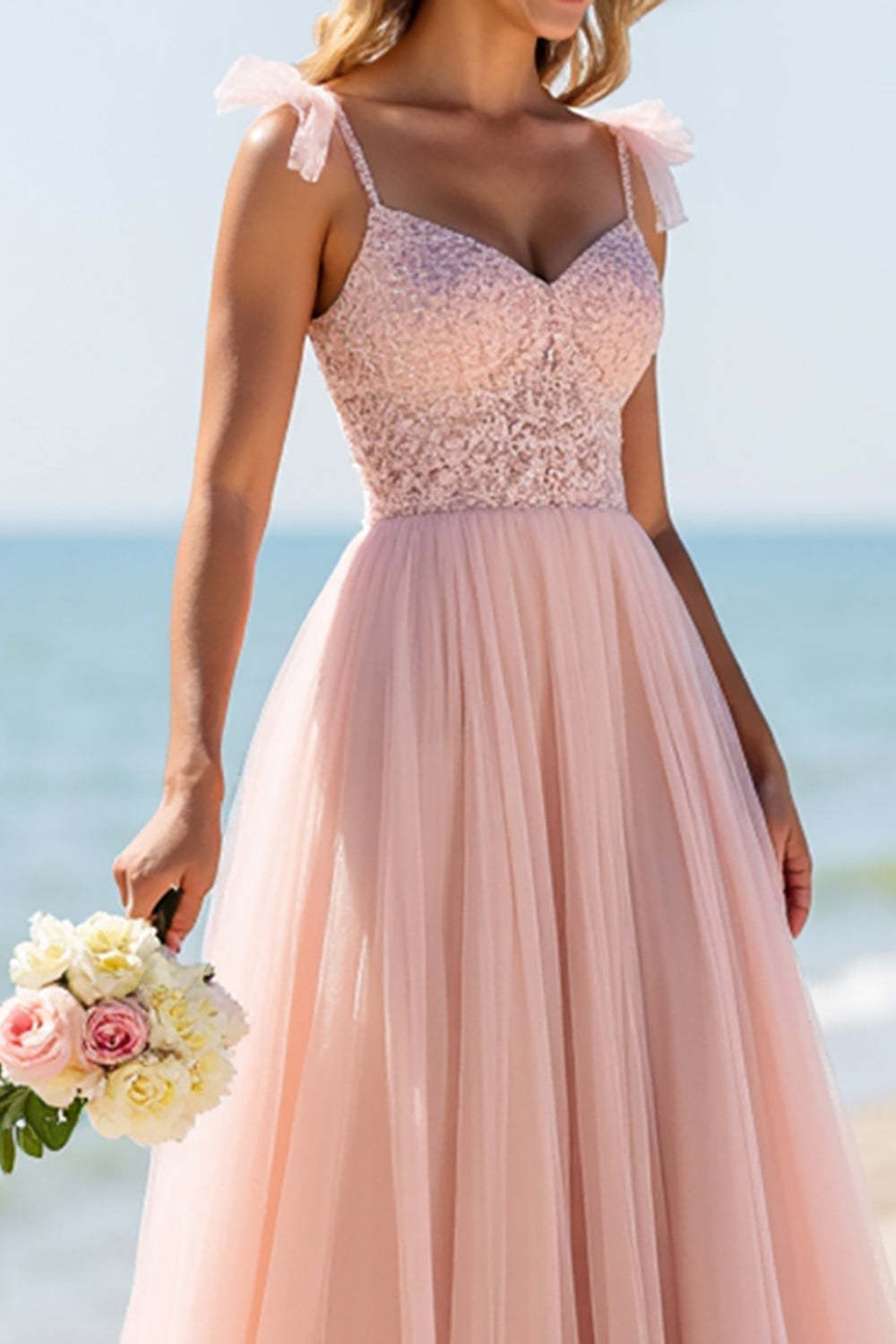 Blush A Line Spaghetti Straps Boho Maxi Bridesmaid Dress with Appliques