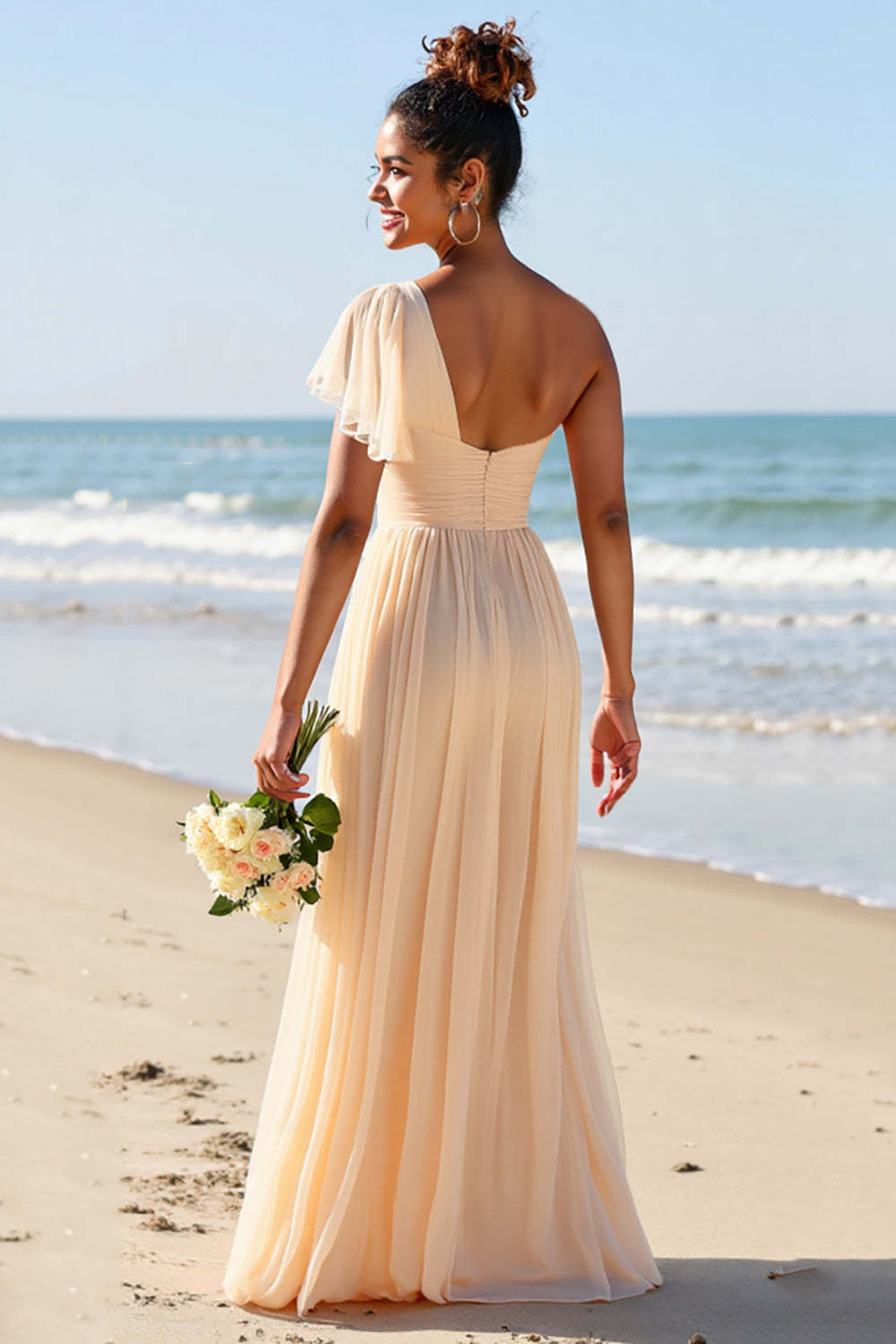 Apricot Chiffon One Shoulder A Line Boho Maxi Bridesmaid Dress