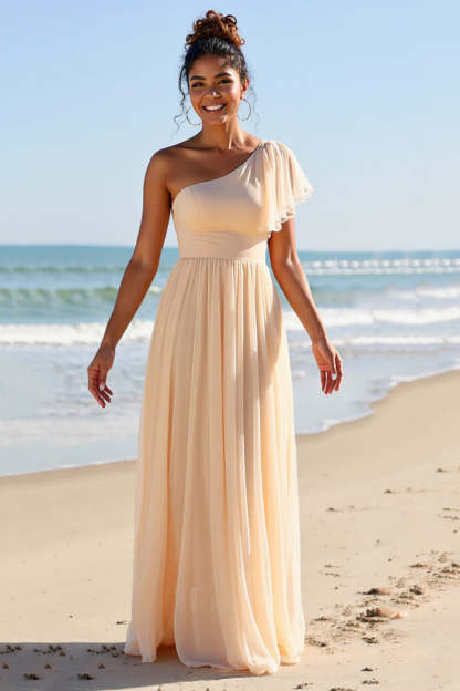 Apricot Chiffon One Shoulder A Line Boho Maxi Bridesmaid Dress