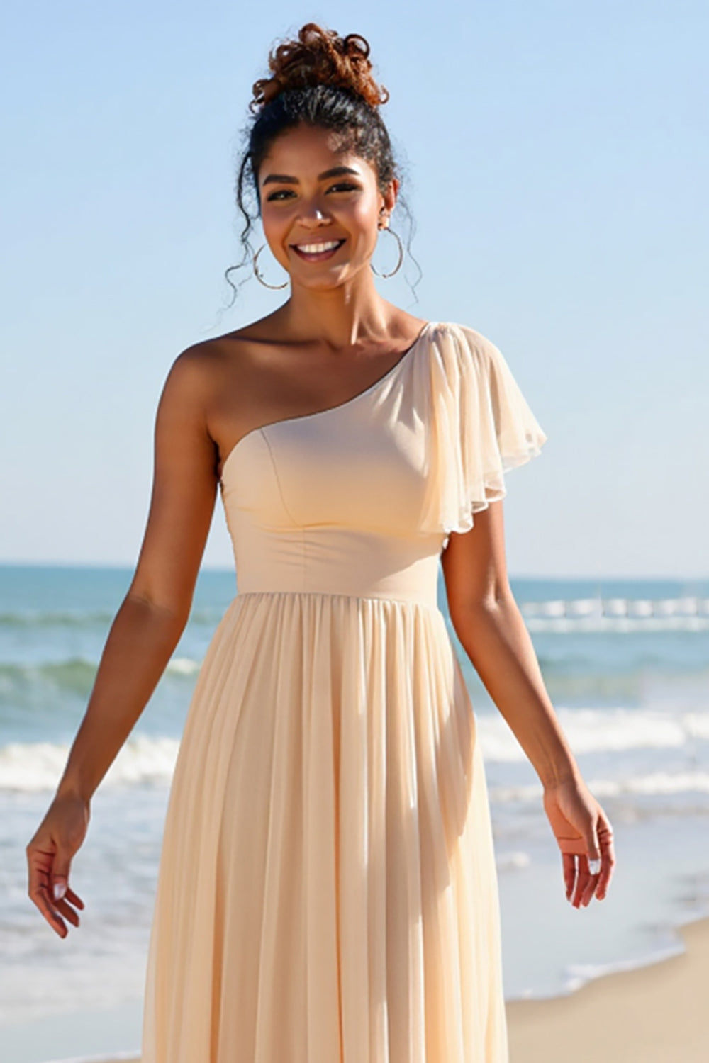 Apricot Chiffon One Shoulder A Line Boho Maxi Bridesmaid Dress