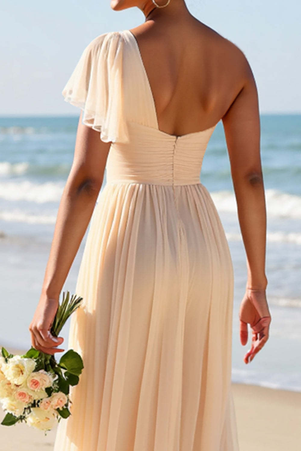 Apricot Chiffon One Shoulder A Line Boho Maxi Bridesmaid Dress