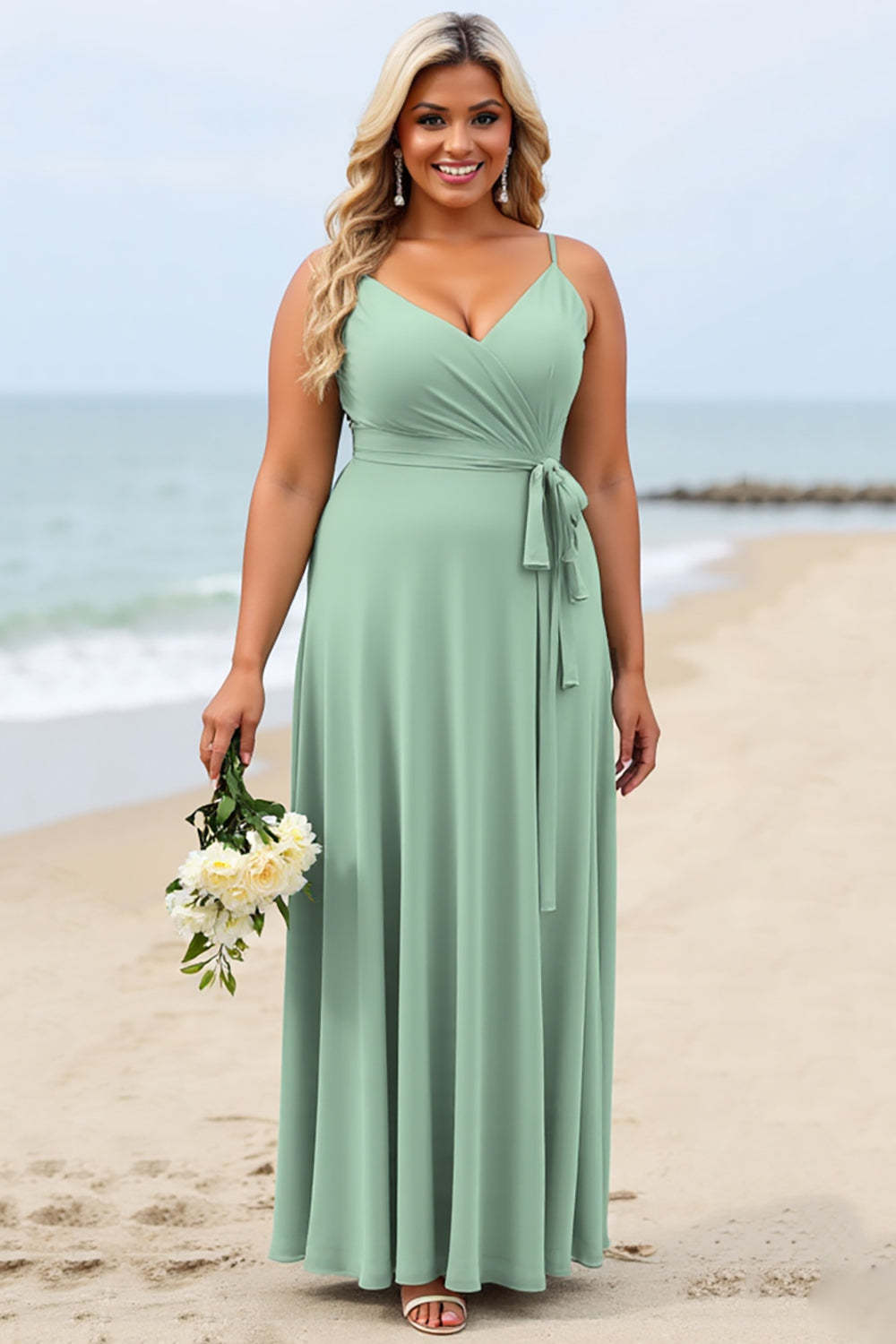 Leely Women Sage Green Plus Size Chiffon Boho Maxi Bridesmaid Dress Sheath Spaghetti Straps Wedding Guest Dress