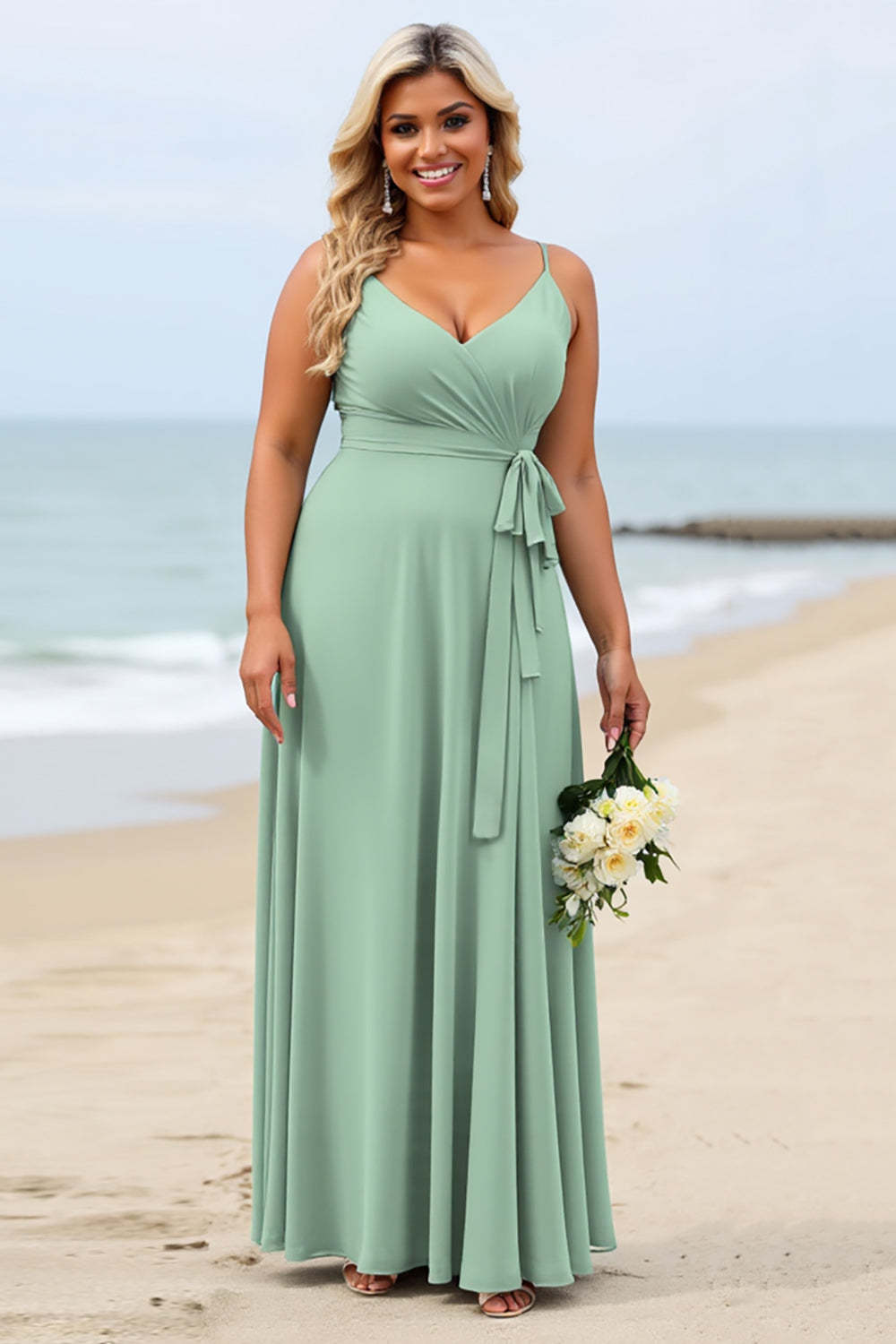 Sage Green Plus Size Chiffon Spaghetti Straps Boho Maxi Bridesmaid Dress