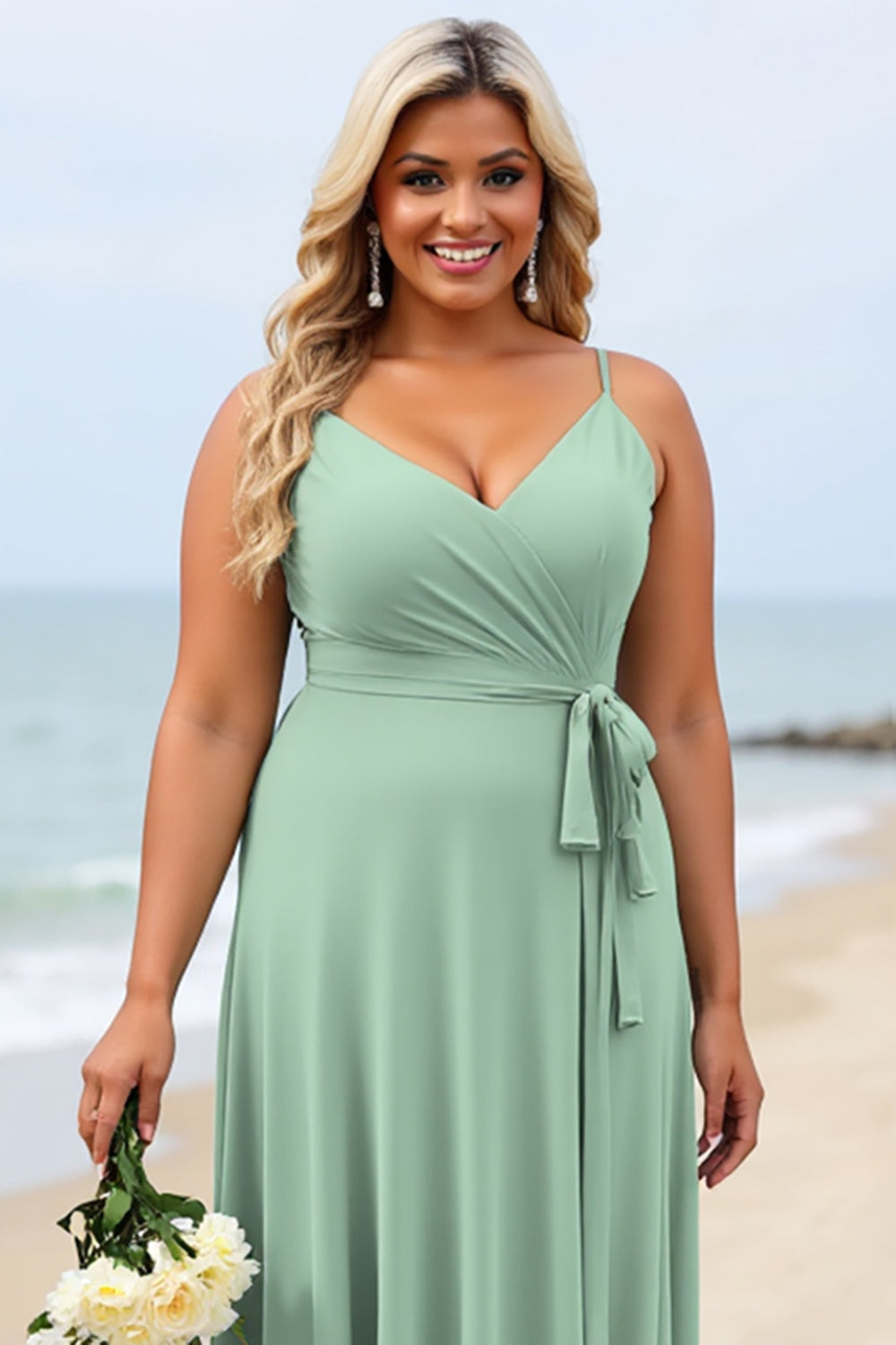 Sage Green Plus Size Chiffon Spaghetti Straps Boho Maxi Bridesmaid Dress