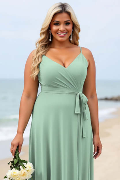 Sage Green Plus Size Chiffon Spaghetti Straps Boho Maxi Bridesmaid Dress