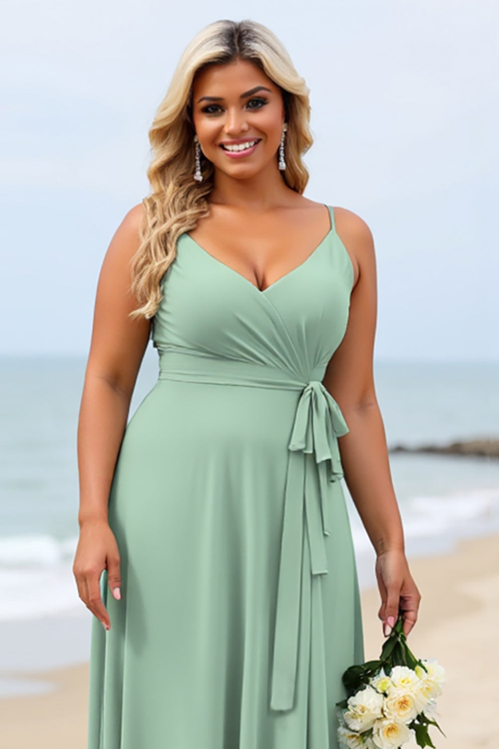 Sage Green Plus Size Chiffon Spaghetti Straps Boho Maxi Bridesmaid Dress