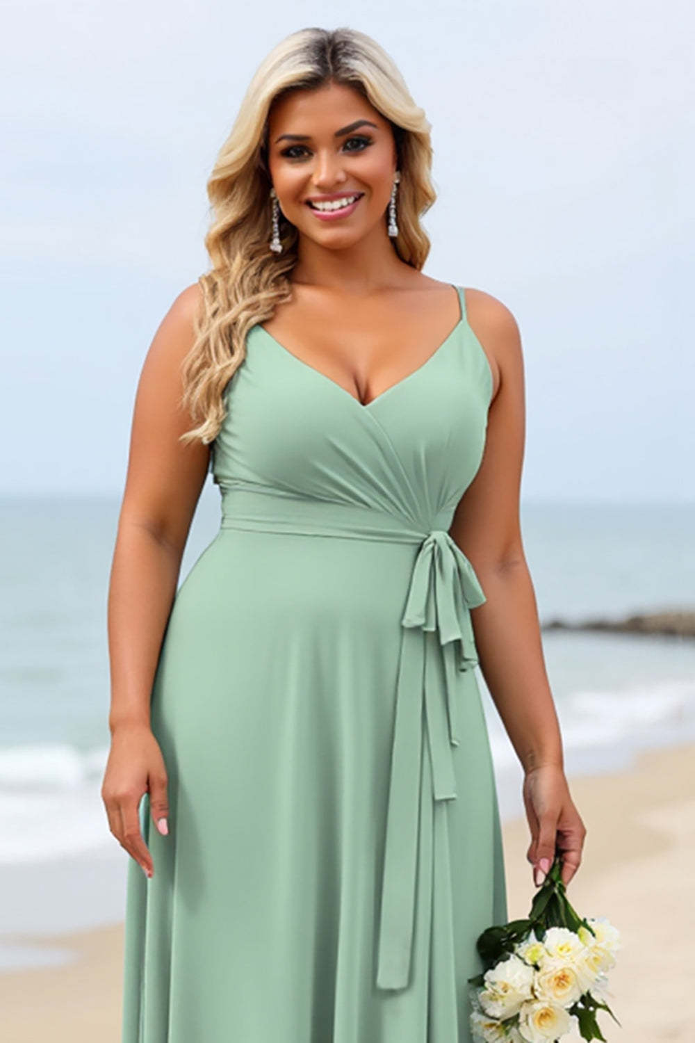 Sage Green Plus Size Chiffon Spaghetti Straps Boho Maxi Bridesmaid Dress