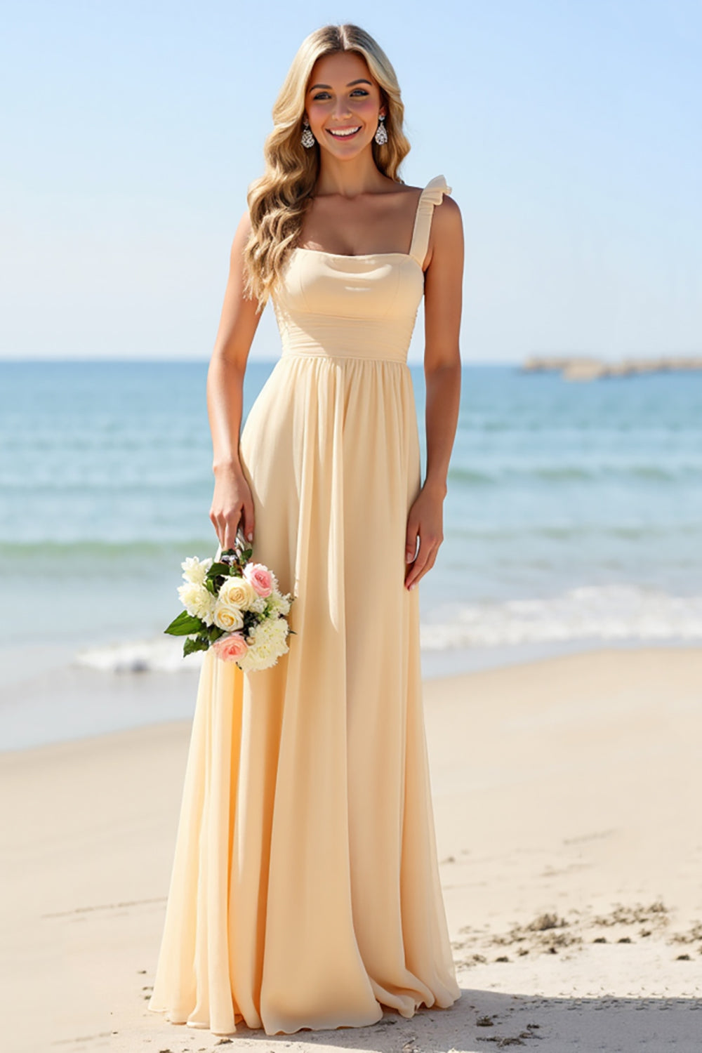 Leely Women Daffodil Boho Maxi Bridesmaid Dress with Ruffles Chiffon Sheath Square Neck Wedding Guest Dress