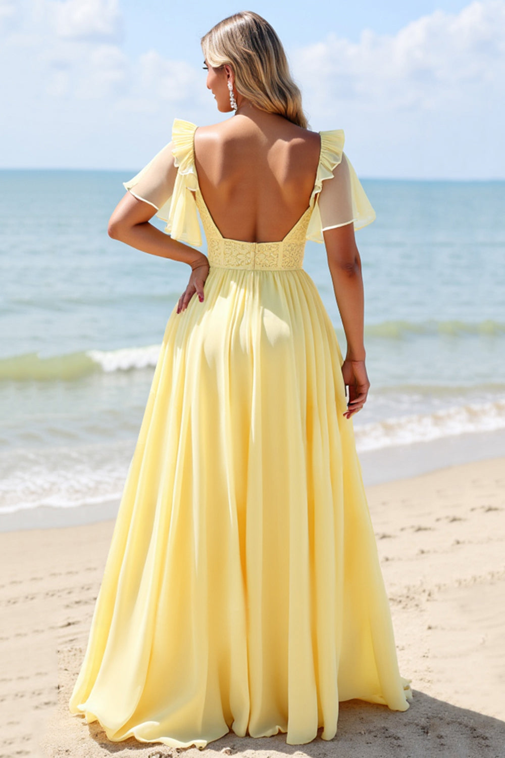 Yellow Chiffon A Line V-Neck Boho Maxi Bridesmaid Dress with Slit