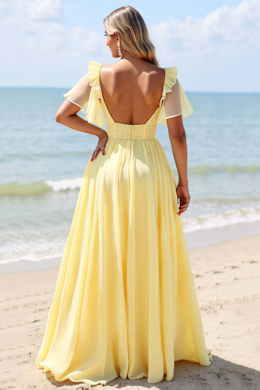 Yellow Chiffon A Line V-Neck Boho Maxi Bridesmaid Dress with Slit