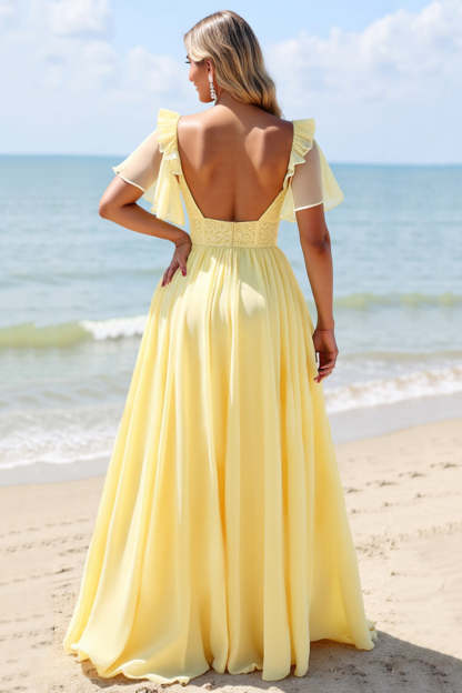 Yellow Chiffon A Line V-Neck Boho Maxi Bridesmaid Dress with Slit