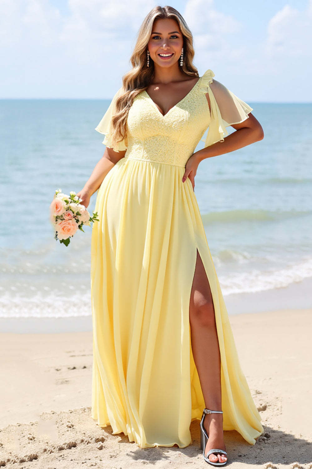 Yellow Chiffon A Line V-Neck Boho Maxi Bridesmaid Dress with Slit