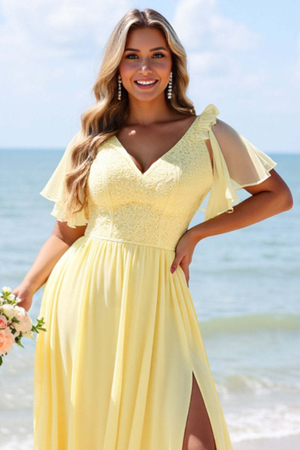 Yellow Chiffon A Line V-Neck Boho Maxi Bridesmaid Dress with Slit