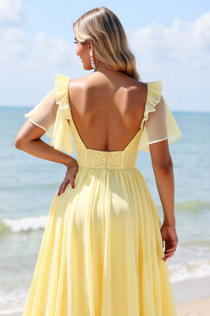 Yellow Chiffon A Line V-Neck Boho Maxi Bridesmaid Dress with Slit