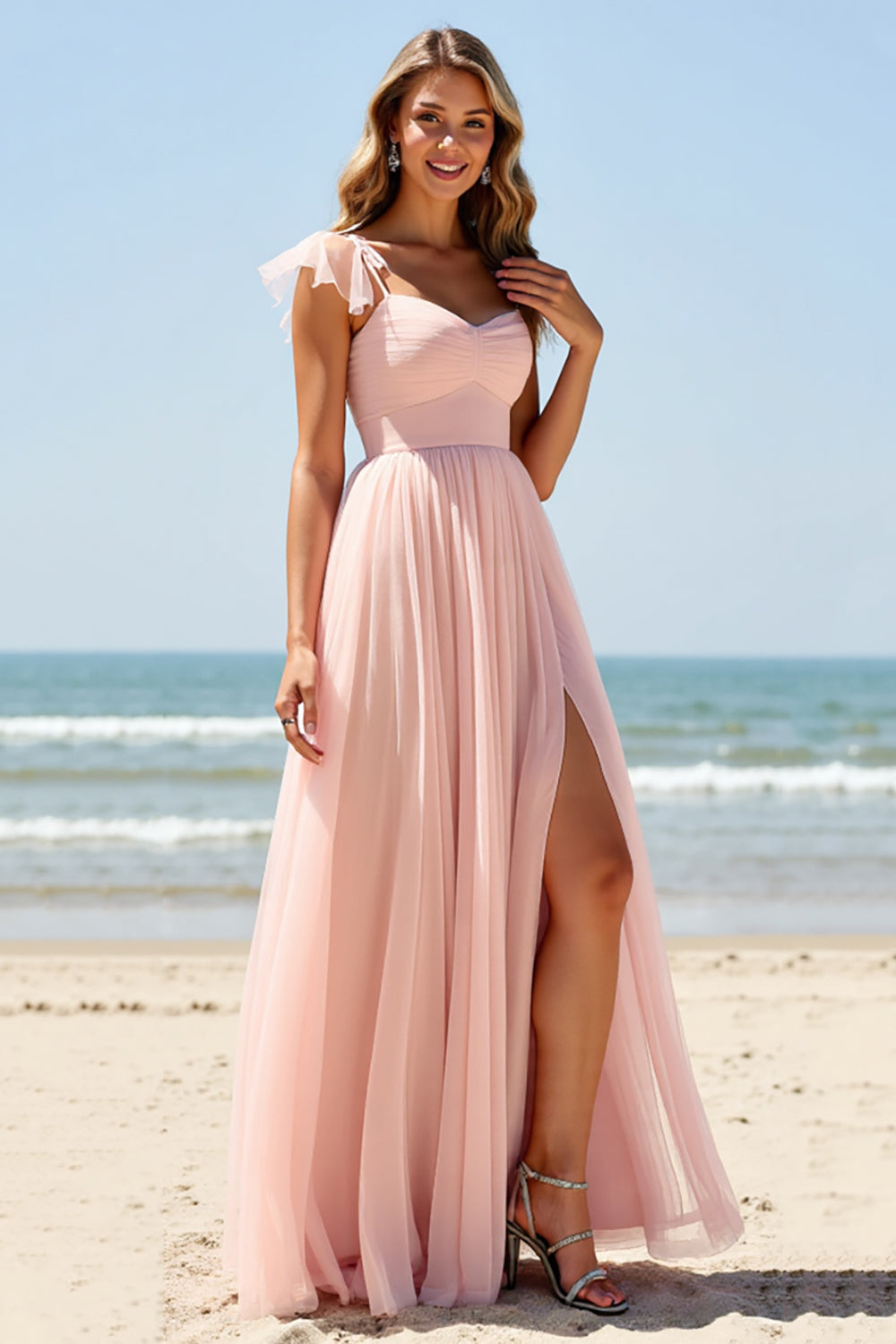 Leely Women Blush Boho Maxi Bridesmaid Dress with Slit A Line Pleated Spaghetti Straps Wedding Guest Dress