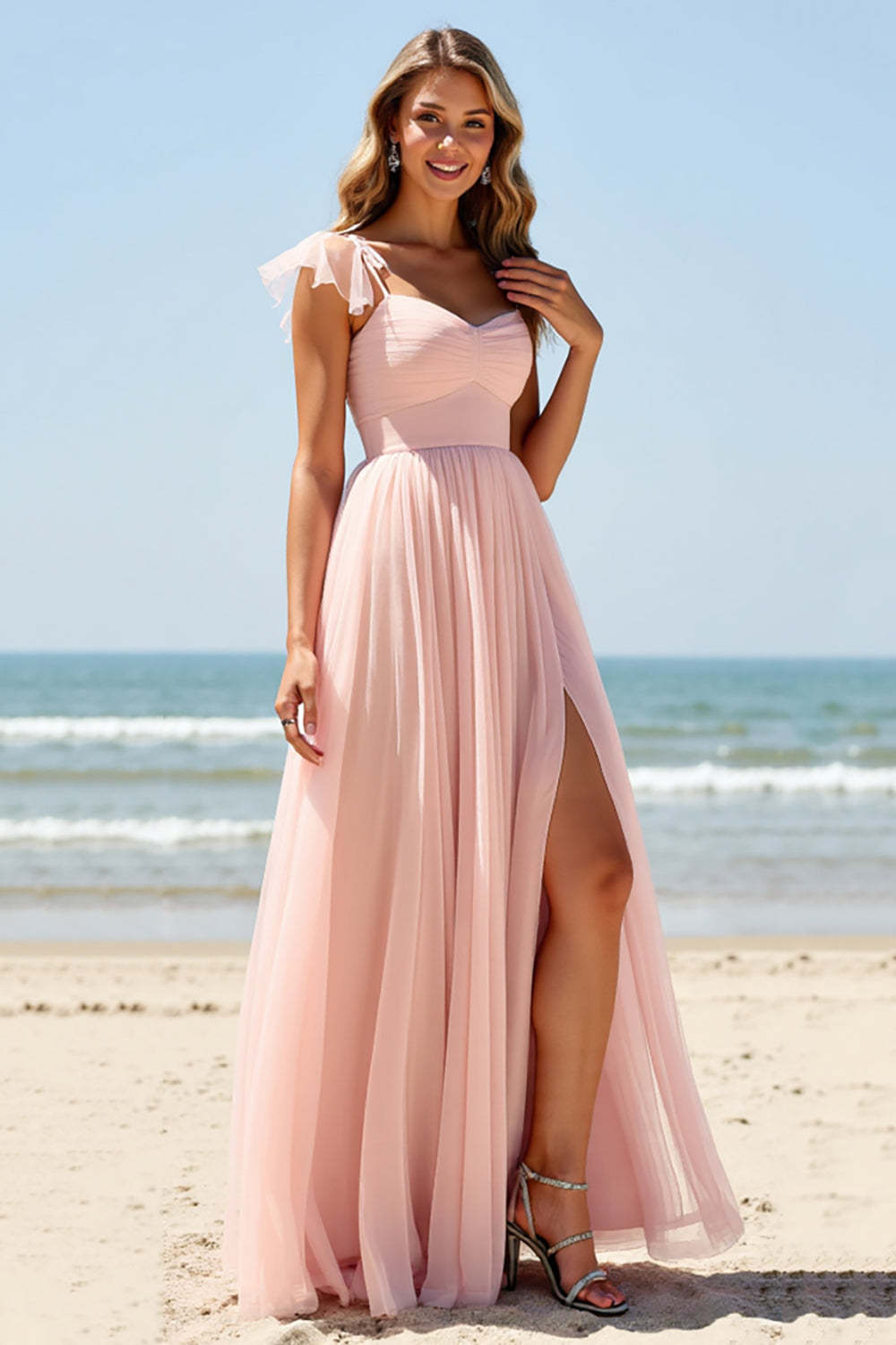 Leely Women Blush Boho Maxi Bridesmaid Dress with Slit A Line Pleated Spaghetti Straps Wedding Guest Dress