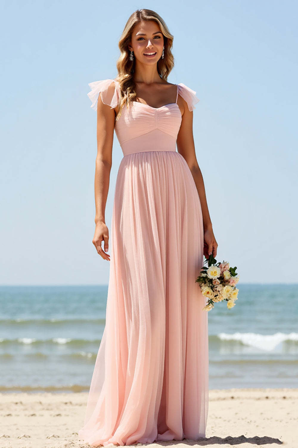 Blush A Line Boho Pleated Maxi Bridesmaid Dress with Slit