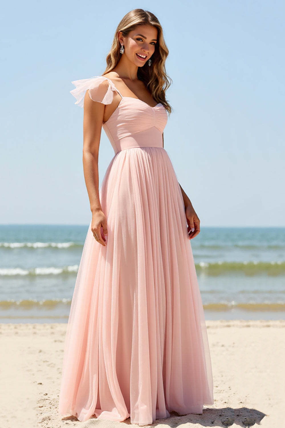 Blush A Line Boho Pleated Maxi Bridesmaid Dress with Slit