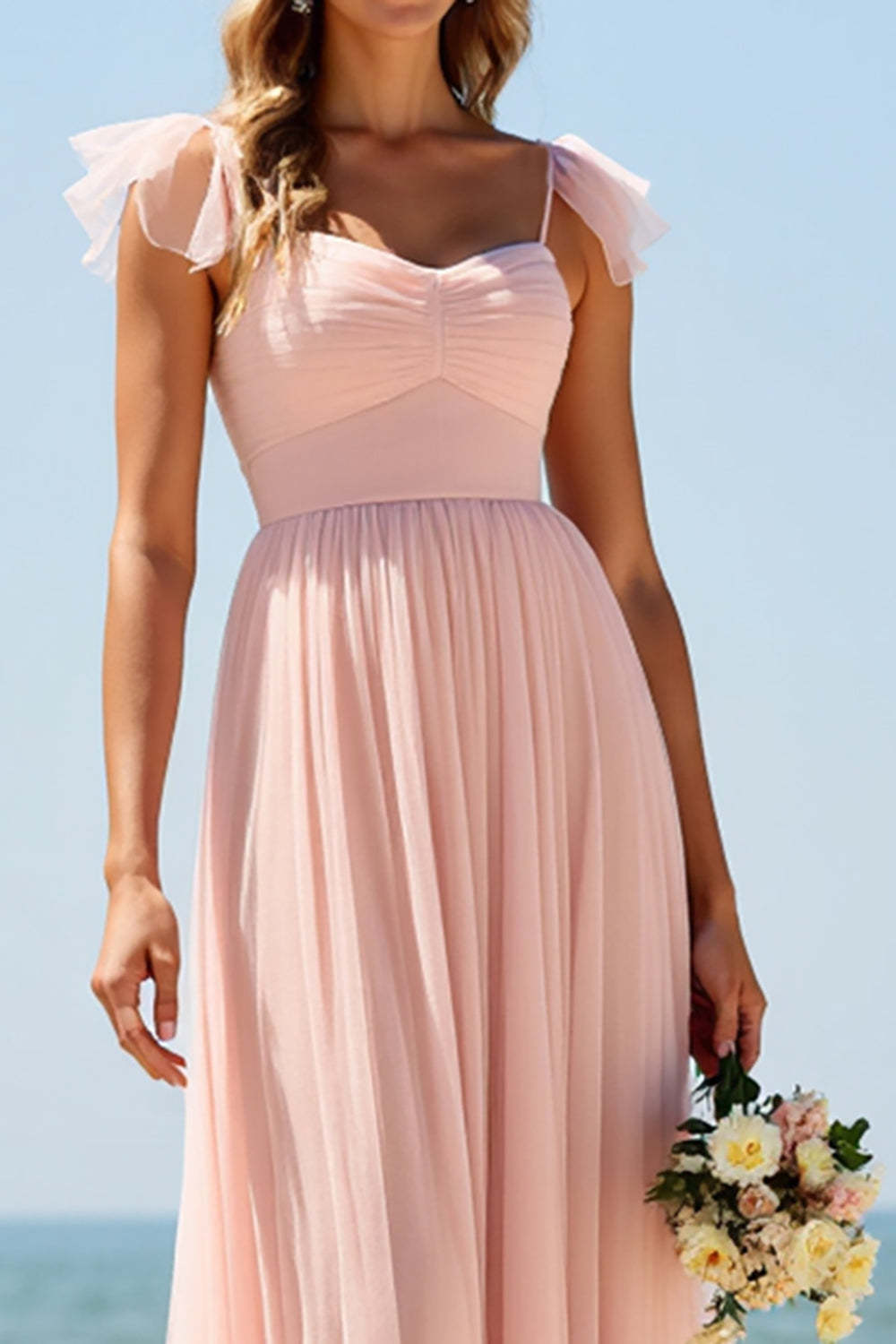 Blush A Line Boho Pleated Maxi Bridesmaid Dress with Slit