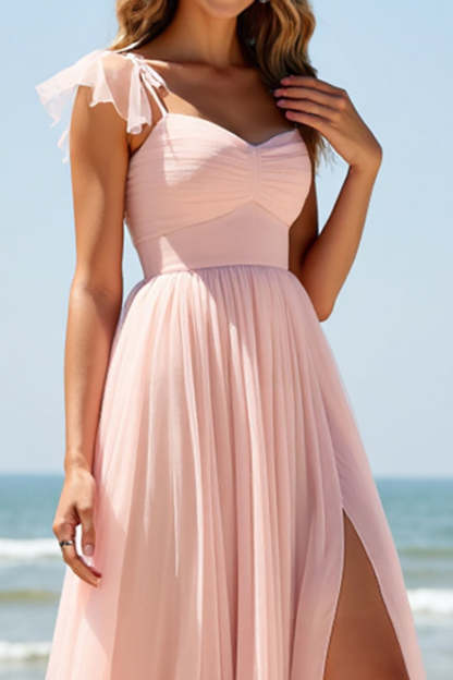 Blush A Line Boho Pleated Maxi Bridesmaid Dress with Slit