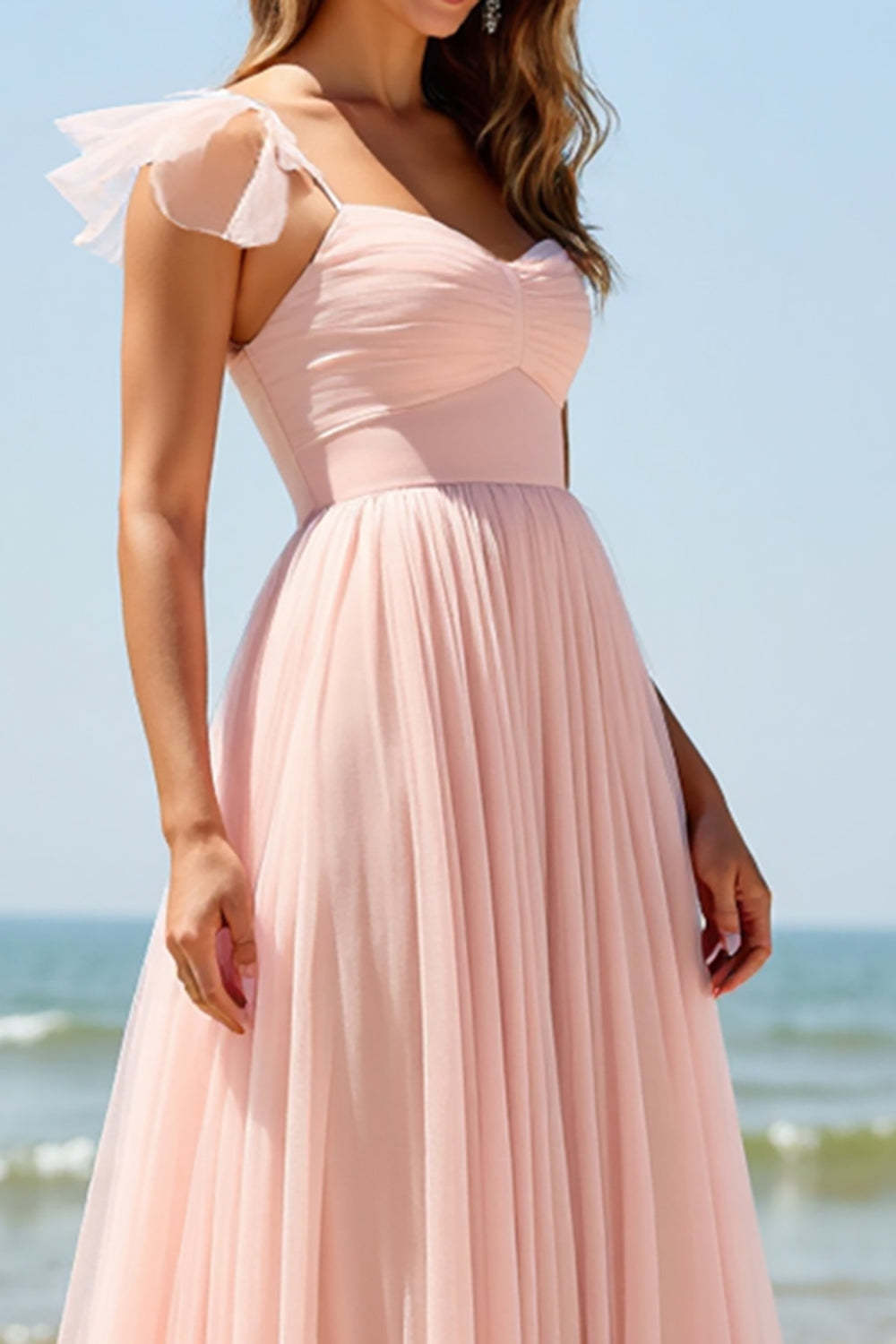 Blush A Line Boho Pleated Maxi Bridesmaid Dress with Slit