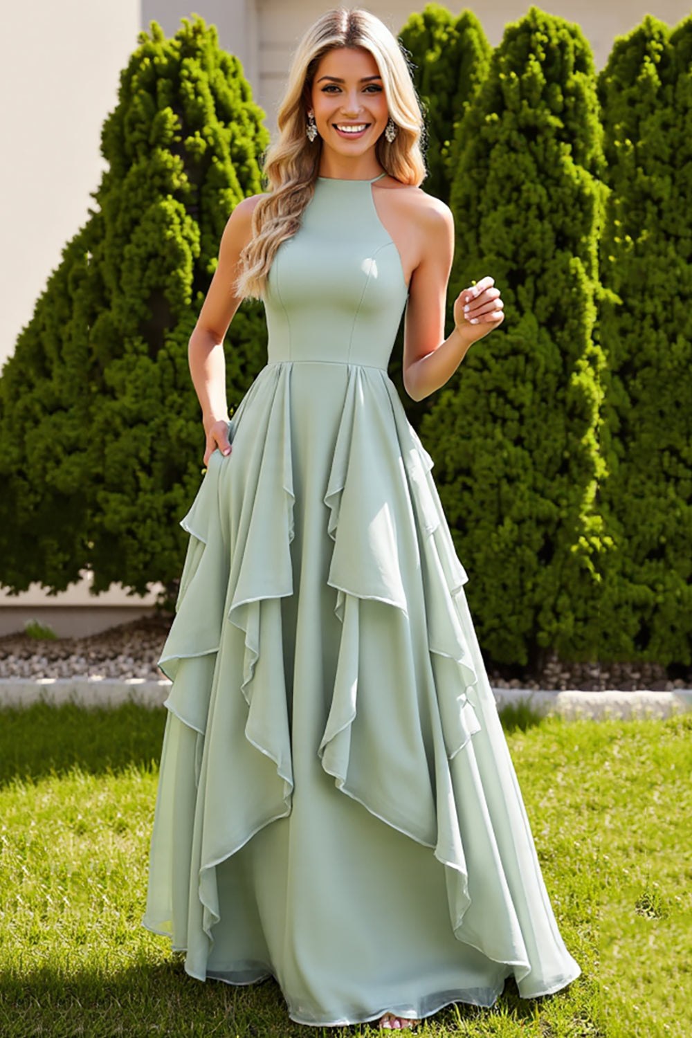 Leely Women Sage Green Chiffon Maxi Bridesmaid Dress with Ruffles Sleeveless A Line Wedding Guest Dress
