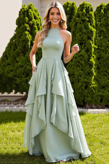 Leely Women Sage Green Chiffon Maxi Bridesmaid Dress with Ruffles Sleeveless A Line Wedding Guest Dress