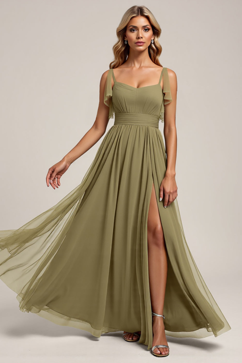 Leely Women Olive Maxi Organza Bridesmaid Dress with Slit Spaghetti Straps A Line Wedding Guest Dress