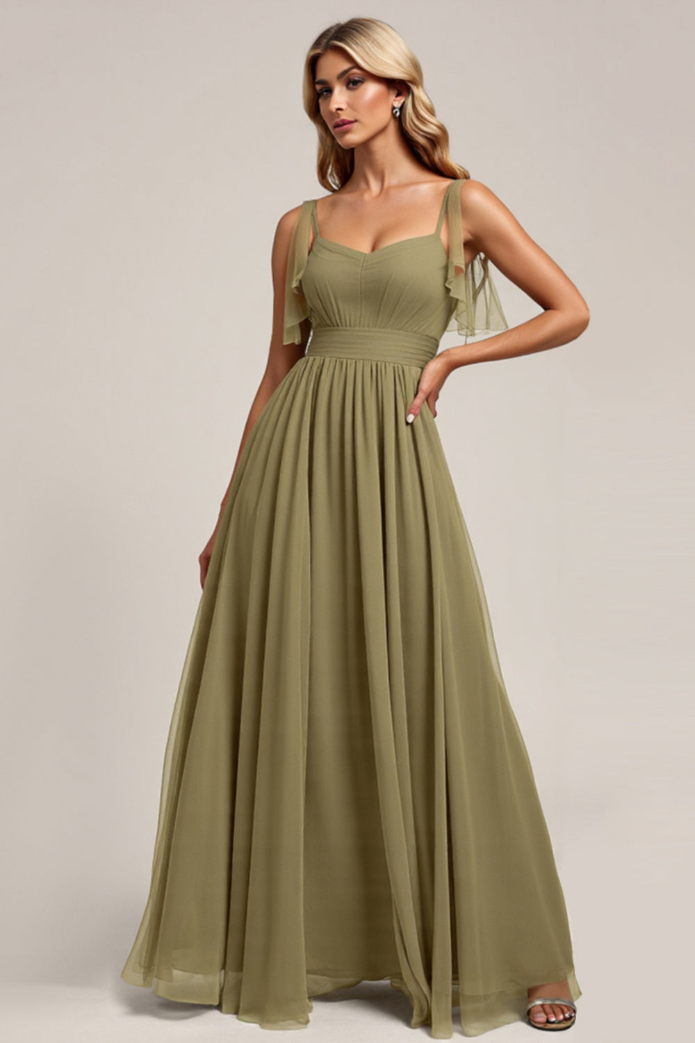 Olive Spaghetti Straps Organza A Line Maxi Bridesmaid Dress with Slit