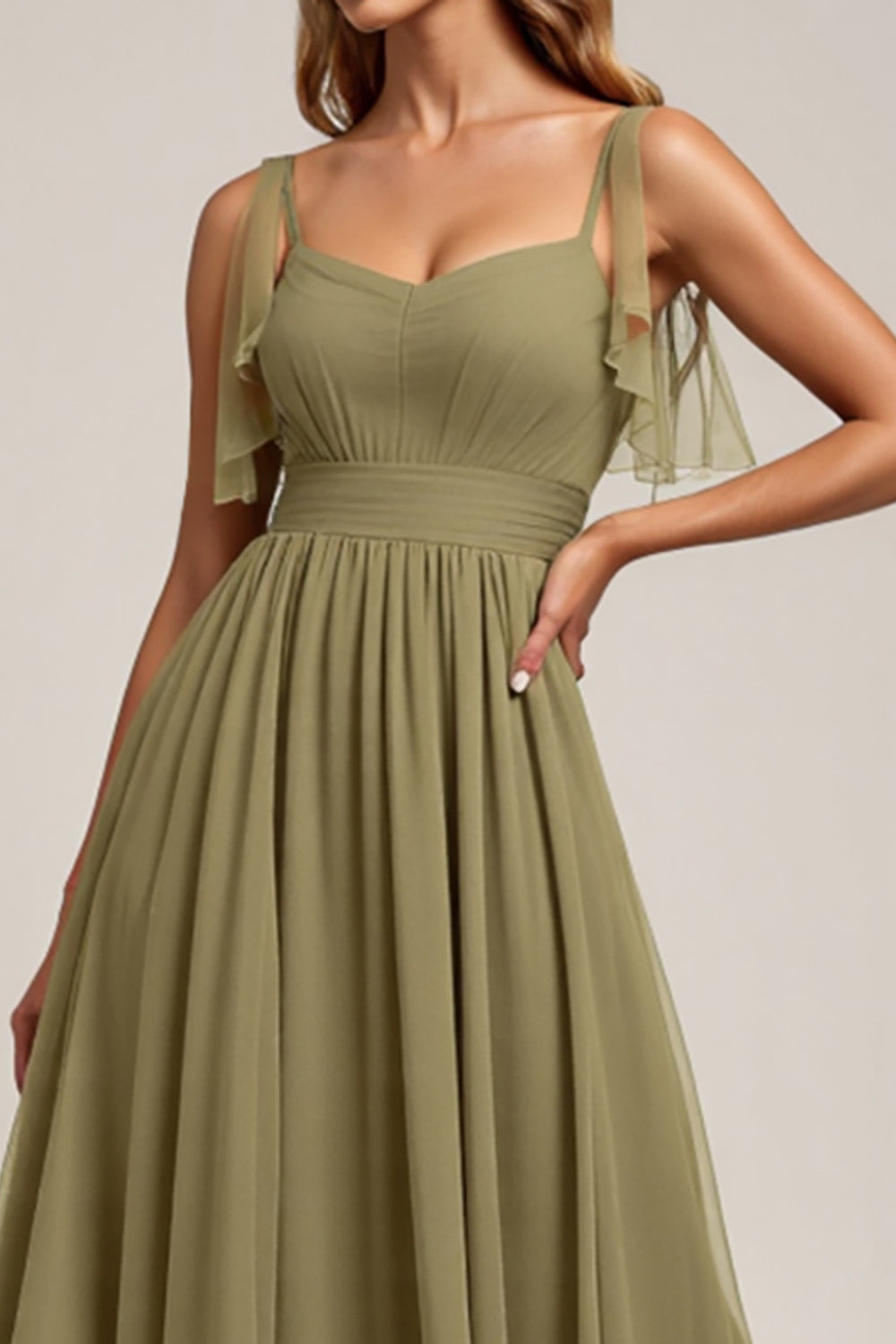 Olive Spaghetti Straps Organza A Line Maxi Bridesmaid Dress with Slit