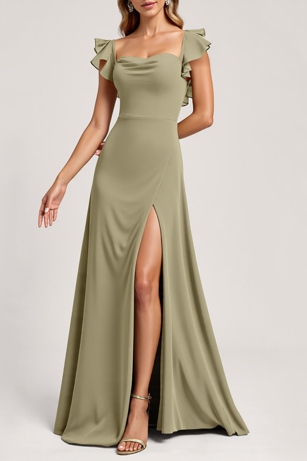 Leely Women Olive Ruffled Maxi Bridesmaid Dress with Slit A Line Square Neck Wedding Guest Dress