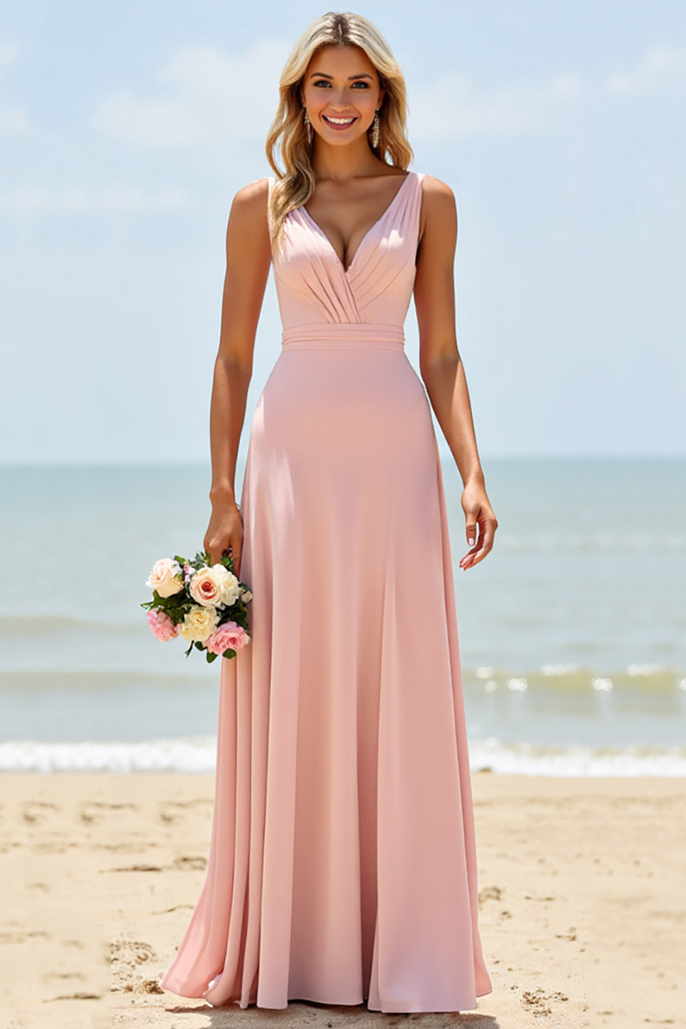 Leely Women Blush V-Neck Boho Maxi Bridesmaid Dress Ruched A Line Sleeveless Wedding Guest Dress