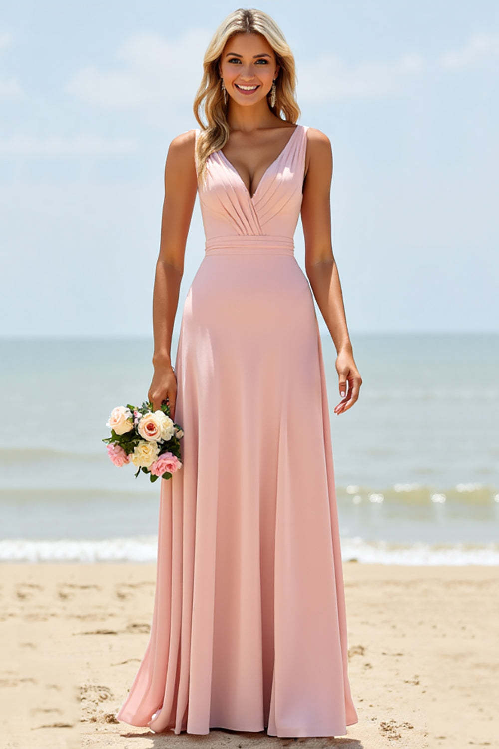 Leely Women Blush V-Neck Boho Maxi Bridesmaid Dress Ruched A Line Sleeveless Wedding Guest Dress