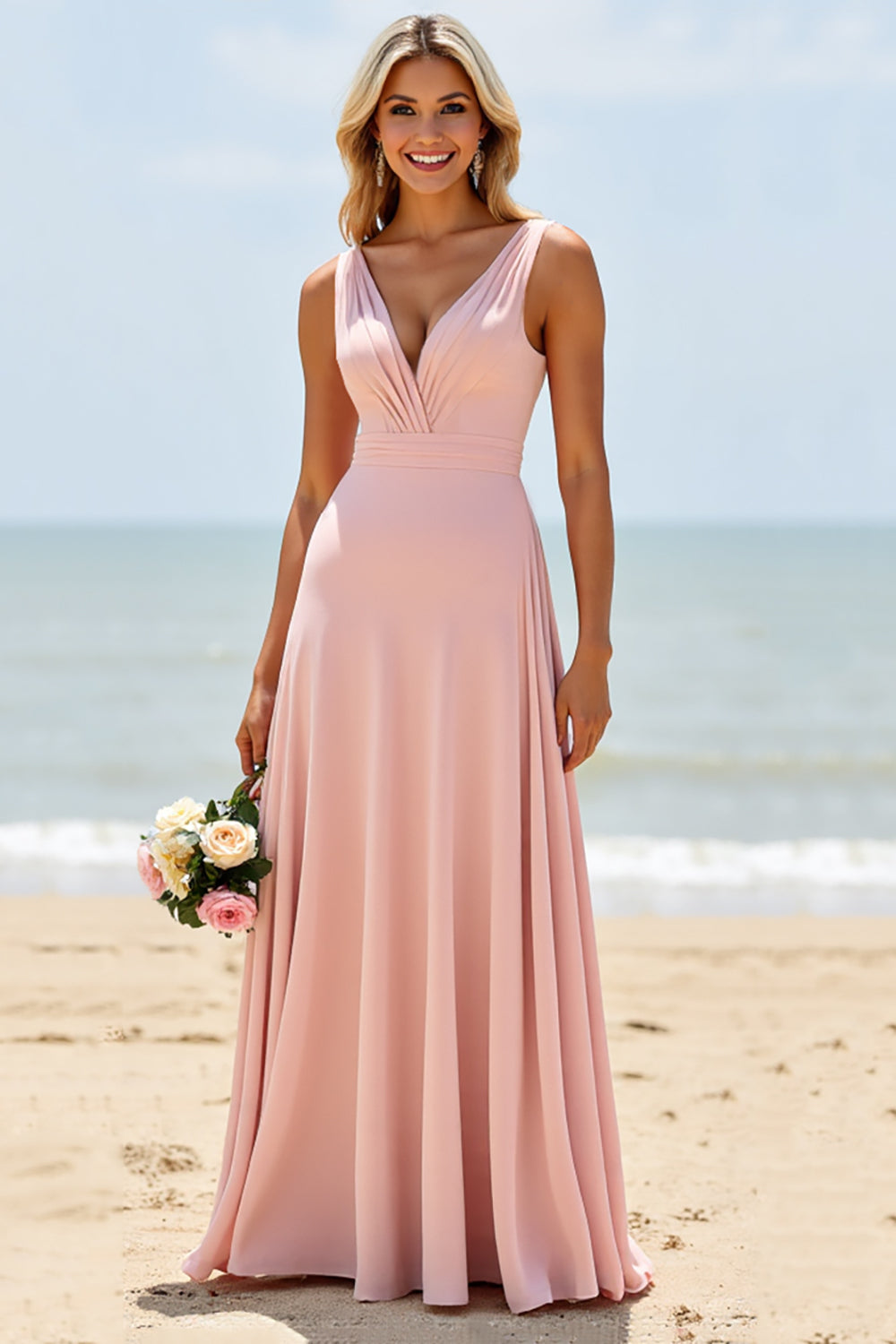 Blush V-Neck Chiffon A Line Boho Maxi Bridesmaid Dress