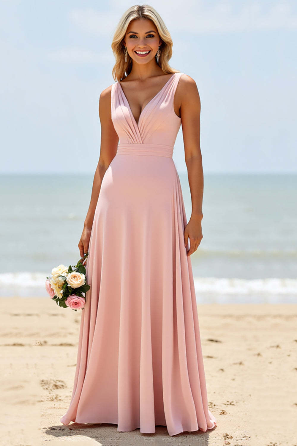 Blush V-Neck Chiffon A Line Boho Maxi Bridesmaid Dress