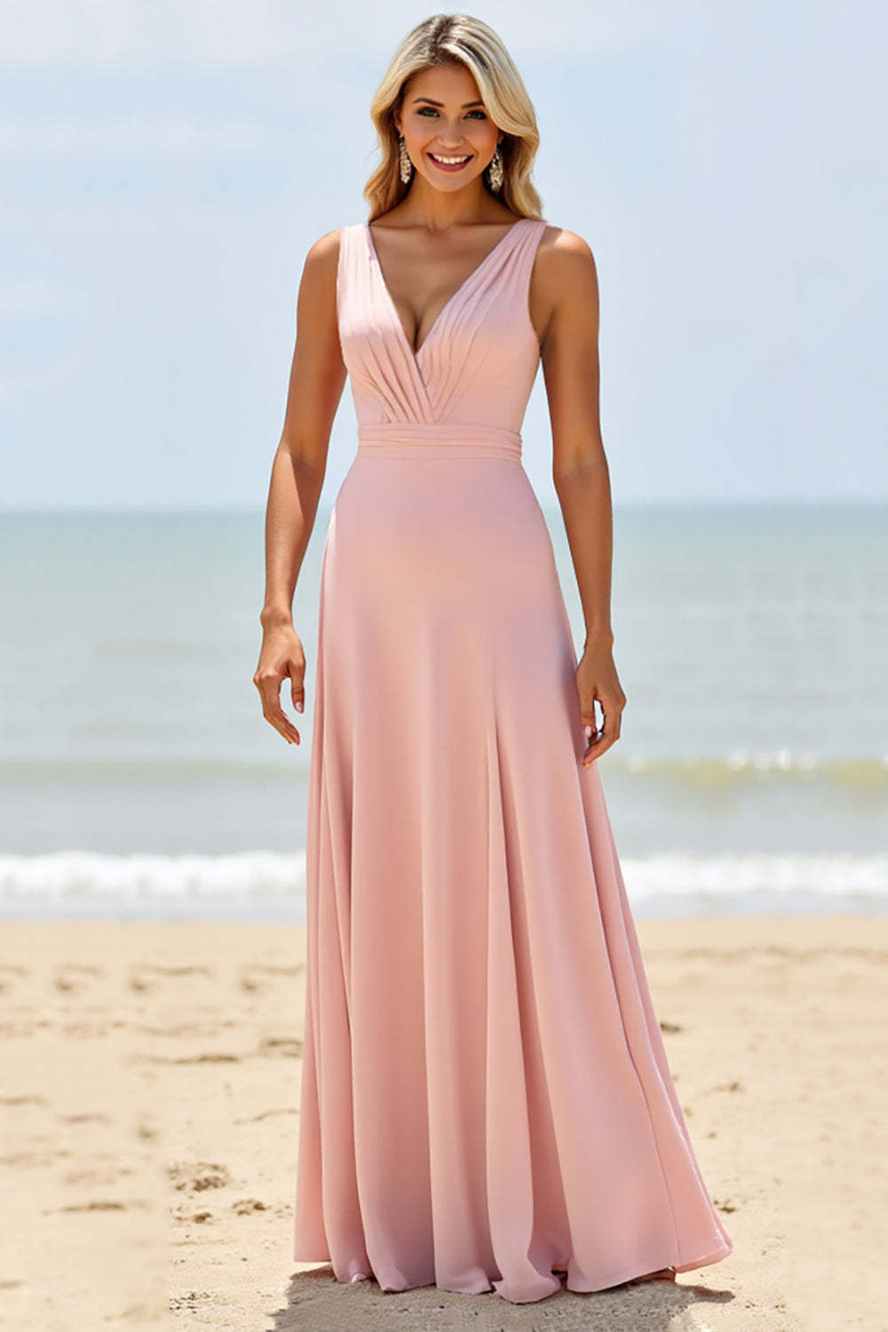 Blush V-Neck Chiffon A Line Boho Maxi Bridesmaid Dress