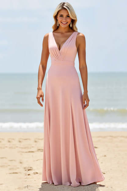 Blush V-Neck Chiffon A Line Boho Maxi Bridesmaid Dress