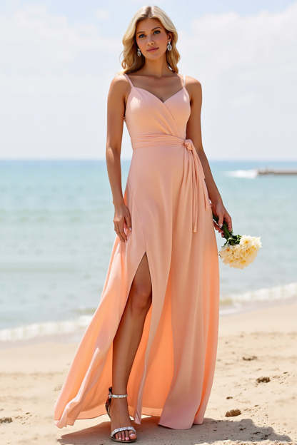 Leely Women Sunset Chiffon Boho Maxi Bridesmaid Dress with Slit A Line Spaghetti Straps Backless Wedding Guest Dress