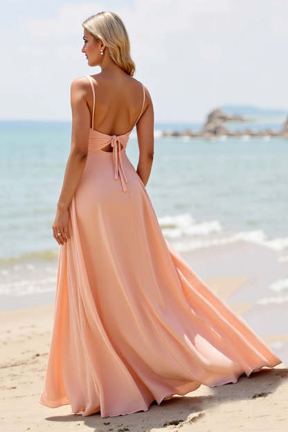 Sunset Chiffon Spaghetti Straps Boho Maxi Bridesmaid Dress with Slit