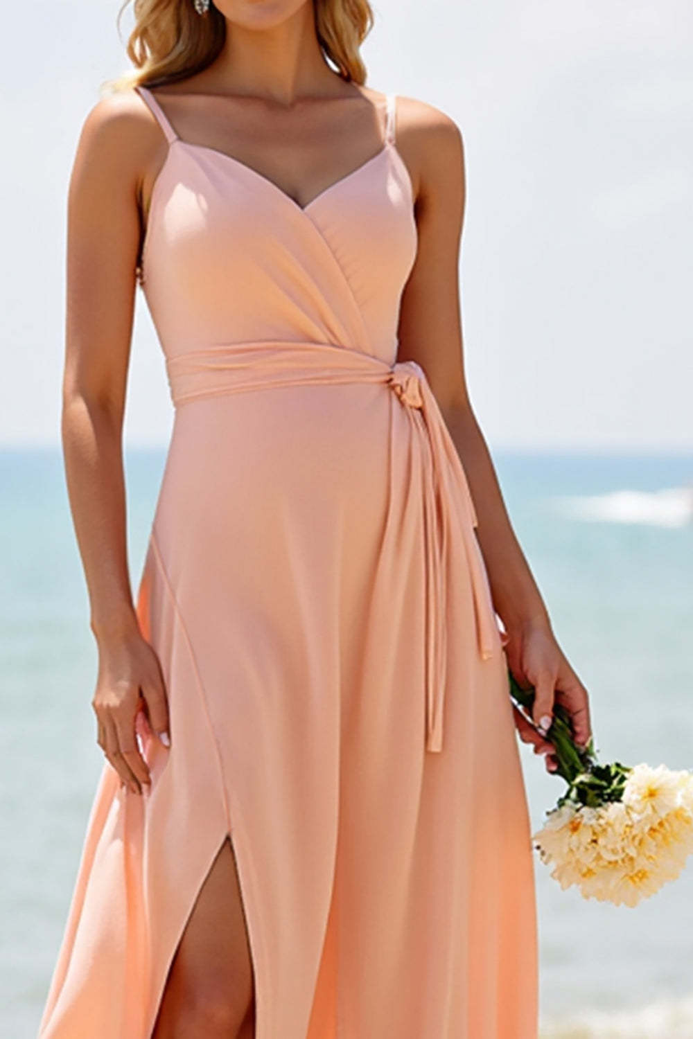 Sunset Chiffon Spaghetti Straps Boho Maxi Bridesmaid Dress with Slit