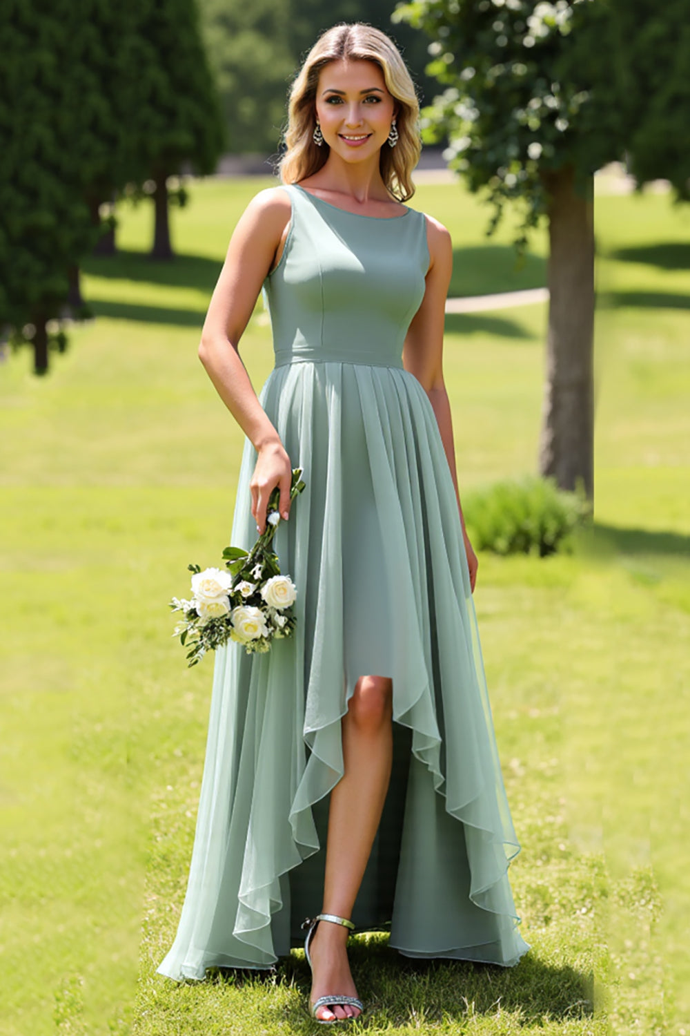 Sage Green Scoop Neck A Line High-Low Bridesmaid Dress with Ruffles