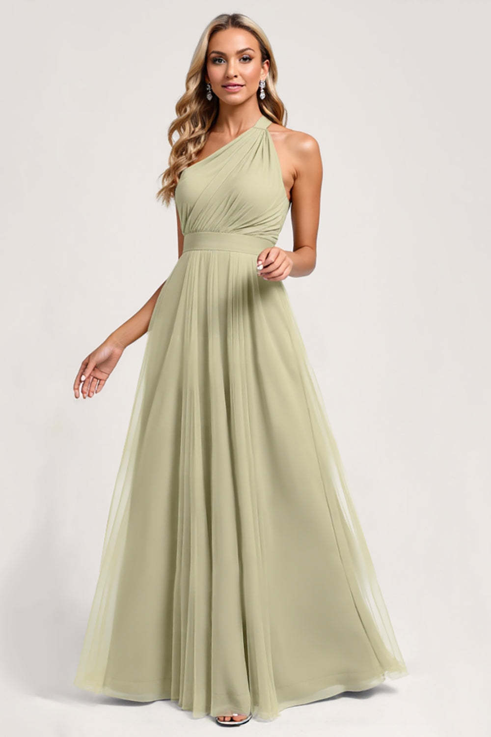 Leely Women Dusty Sage One Shoulder Organza Maxi Bridesmaid Dress A Line Backless Wedding Guest Dress
