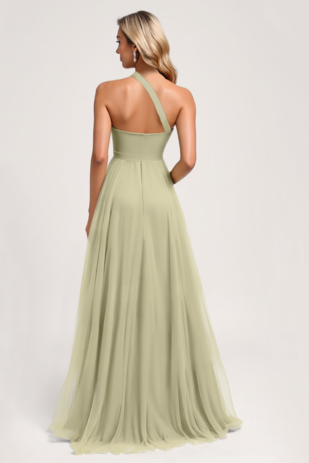 Dusty Sage One Shoulder A Line Maxi Bridesmaid Dress