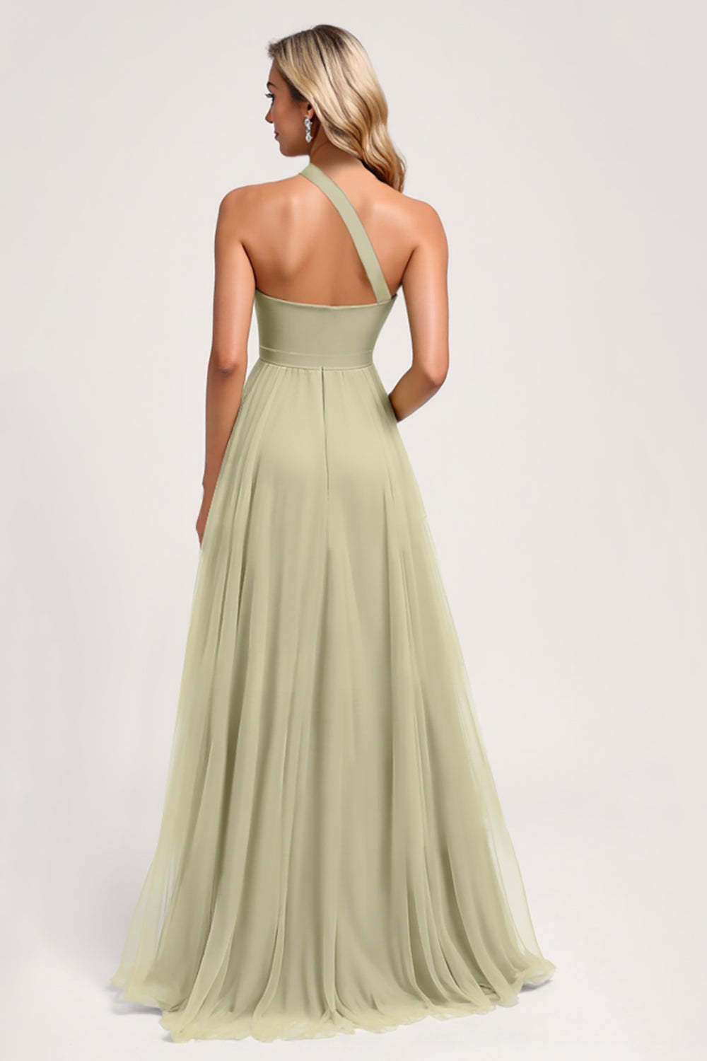 Dusty Sage One Shoulder A Line Maxi Bridesmaid Dress