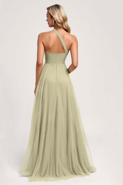 Dusty Sage One Shoulder A Line Maxi Bridesmaid Dress