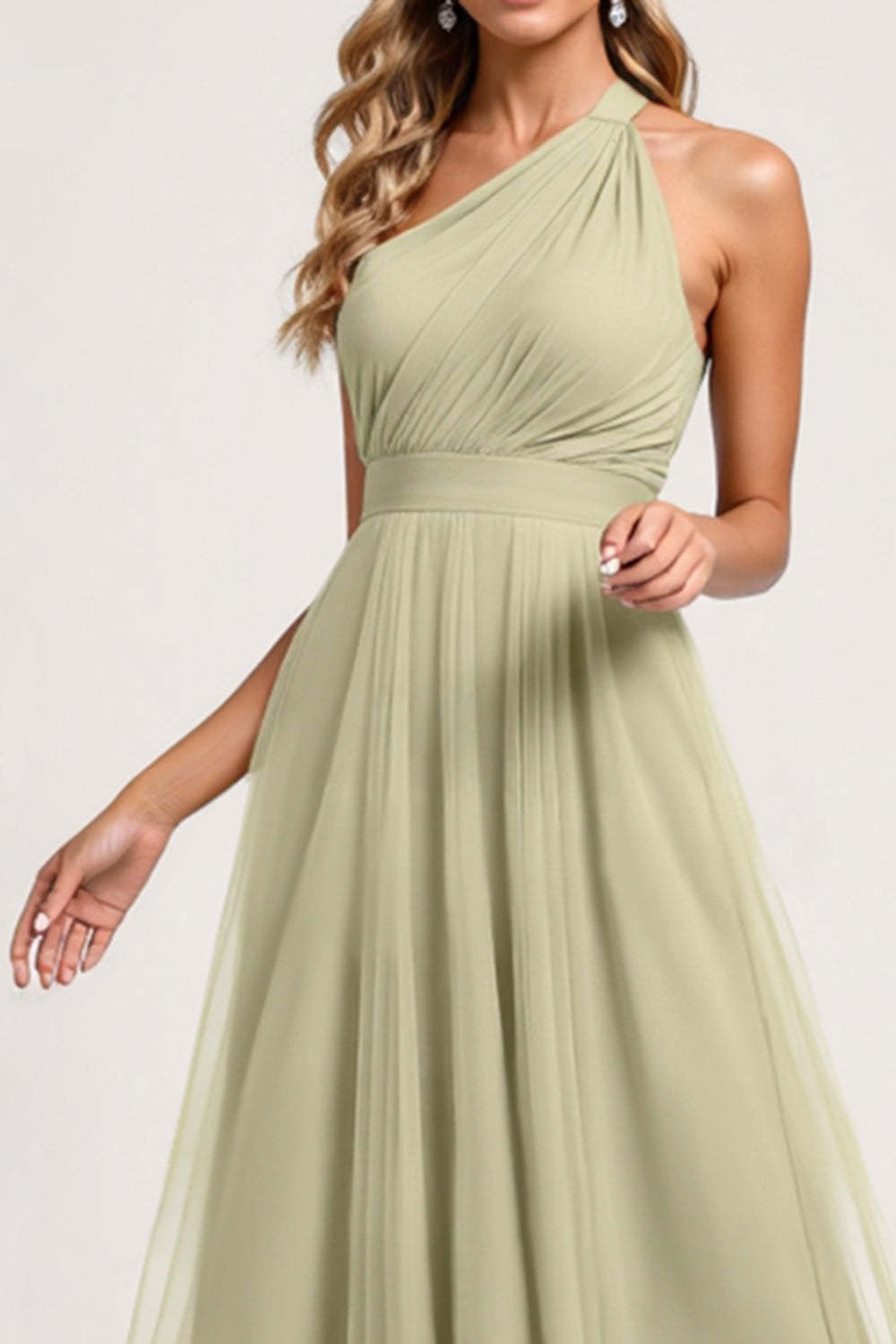 Dusty Sage One Shoulder A Line Maxi Bridesmaid Dress
